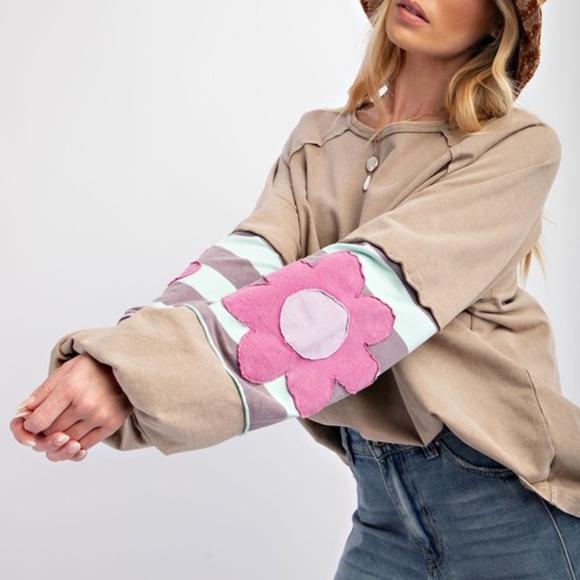 Boho Floral Patch Striped Reverse Stitch Oversized Sweatshirt Top Easel NWT - Picture 2 of 5